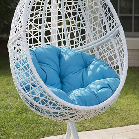Image of White Resin Wicker Hanging Egg Chair w/ Stand Outdoor Patio Includes Blue Cushion