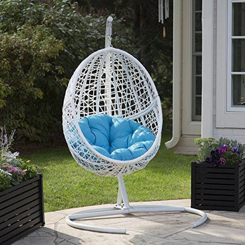 Image of White Resin Wicker Hanging Egg Chair w/ Stand Outdoor Patio Includes Blue Cushion