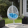 White Resin Wicker Hanging Egg Chair w/ Stand Outdoor Patio Includes Blue Cushion