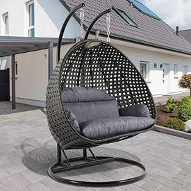 Deluxe Swing Chair Outdoor Furniture PE Rattan Wicker Hanging Hammock with Stand, Cushioned Loveseat Chaise Lounger, Perfect for Patio, Garden, Porch, Backyard, House, Indoor Decor (CHARCOAL)