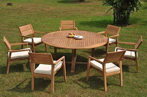 Image of 7 Seats 8 Pcs Grade-A Teak Wood Dining Set: 72" Round Table And 7 Vellore Stacking Arm Chairs #WHDSVL35