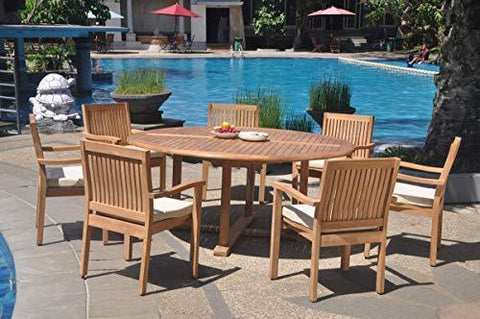 Image of 7 Seats 8 Pcs Grade-A Teak Wood Dining Set: 72" Round Table And 7 Leveb Stacking Arm Chairs #WHDSLV61