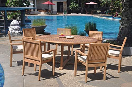 7 Seats 8 Pcs Grade-A Teak Wood Dining Set: 72" Round Table And 7 Leveb Stacking Arm Chairs #WHDSLV61