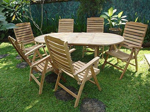 Image of Windsor's Premium Grade A Teak Buckingham 82"x39" Oval Double Extension Table w/ 6 Reclining 5-Position folding Chairs, 5 Yr Wrnty, World's Best Outdoor Furniture! Teak Lasts A Lifetime!