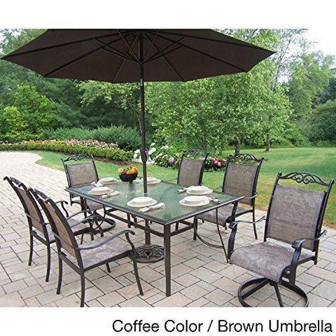 Image of Oakland Living Corporation Aluminum Sling 9-Piece Dining Set with Umbrella Brown