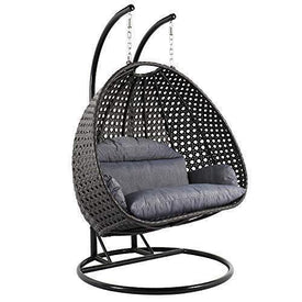 Deluxe Swing Chair Outdoor Furniture PE Rattan Wicker Hanging Hammock with Stand, Cushioned Loveseat Chaise Lounger, Perfect for Patio, Garden, Porch, Backyard, House, Indoor Decor (CHARCOAL)
