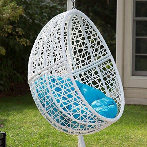 Image of White Resin Wicker Hanging Egg Chair w/ Stand Outdoor Patio Includes Blue Cushion