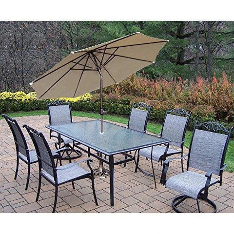 Image of Oakland Living Corporation Aluminum Sling 9-Piece Dining Set with Umbrella Brown