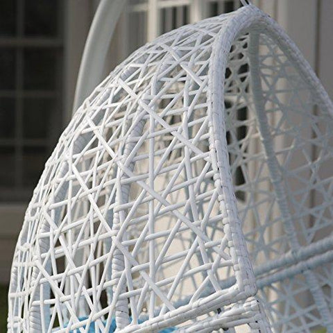 Image of White Resin Wicker Hanging Egg Chair w/ Stand Outdoor Patio Includes Blue Cushion