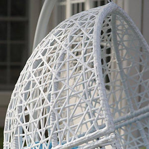 White Resin Wicker Hanging Egg Chair w/ Stand Outdoor Patio Includes Blue Cushion