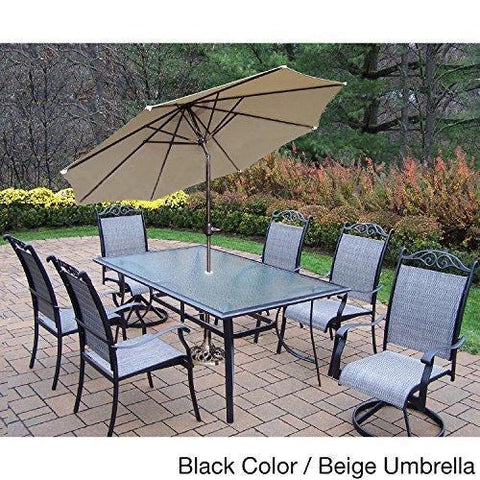 Image of Oakland Living Corporation Aluminum Sling 9-Piece Dining Set with Umbrella Brown