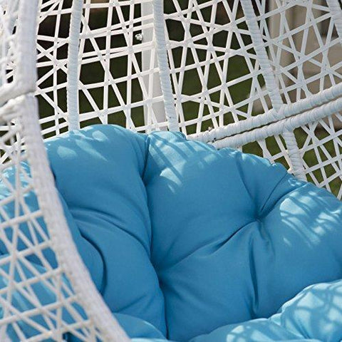 Image of White Resin Wicker Hanging Egg Chair w/ Stand Outdoor Patio Includes Blue Cushion