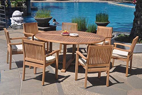 Image of 7 Seats 8 Pcs Grade-A Teak Wood Dining Set: 72" Round Table And 7 Leveb Stacking Arm Chairs #WHDSLV61