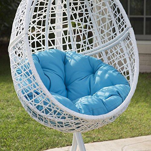 White Resin Wicker Hanging Egg Chair w/ Stand Outdoor Patio Includes Blue Cushion