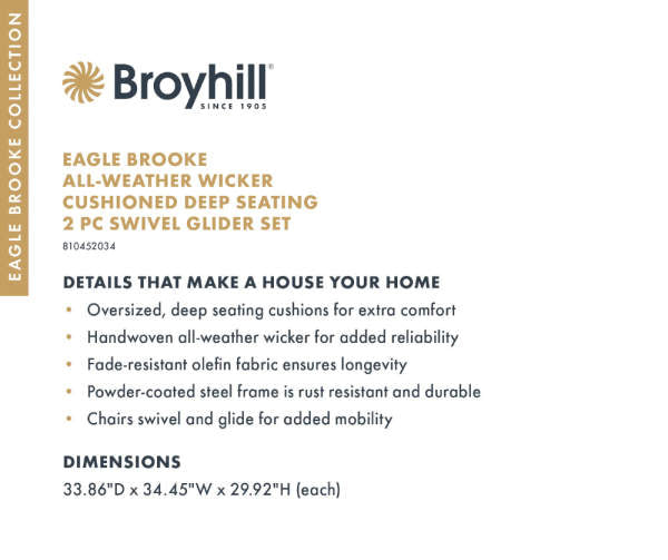 Broyhill Eagle Brooke All-Weather Wicker Cushioned Patio Swivel Gliders, 2-Pack